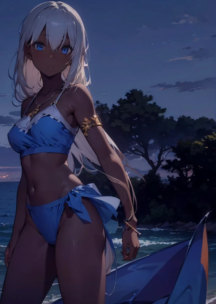 a woman with long blonde hair is standing on a beach by the sea, 1girl, solo, dark skin, dark-skinned female, swimsuit, blue eyes, jewelry, bikini, white hair