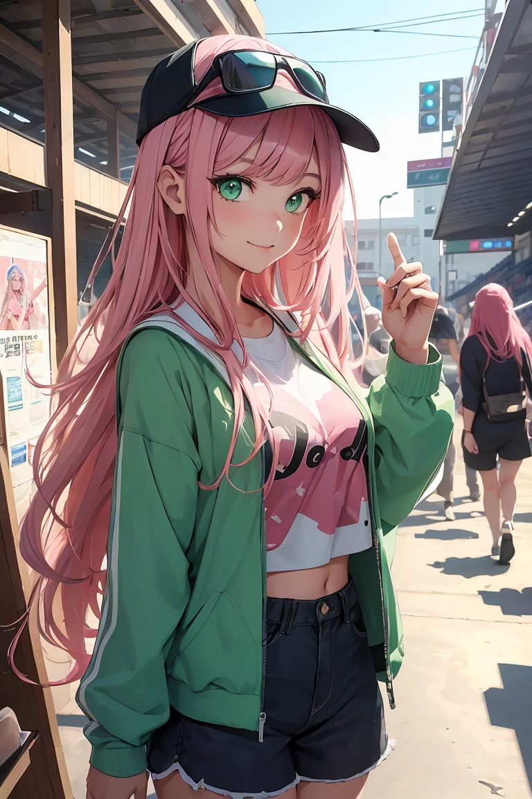 ((1 girl)), Latest Fashion Trends ,smile, Sun visor, Beer seller, Stadium, Shorts,((Very detailed,Highest quality, High resolution, 8k wallpaper, Beautiful clothes,)),((Pink Hair, Long Hair,Straight hair,Both sides up)) ,(Green Eyes),eye shadow, eyeliner,Glow Eye, Very detailedな目, Complex eyes, Beautiful Eyes, 輝くGreen Eyes,18-year-old girl, peek