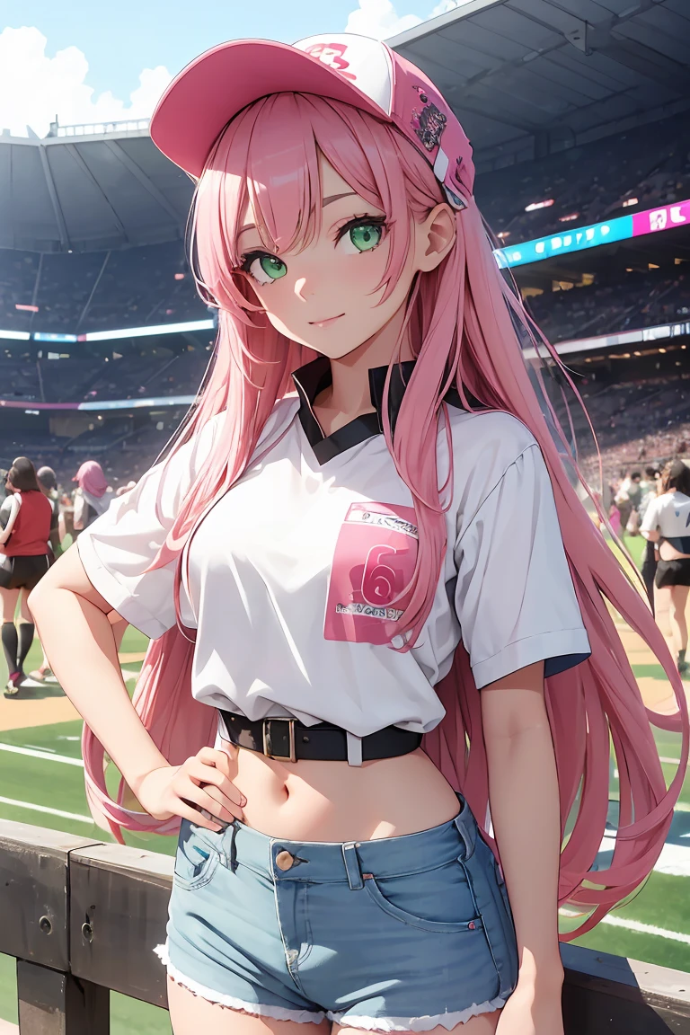 ((1 girl)), Latest Fashion Trends ,smile, Sun visor, Beer seller, Stadium, Shorts,((Very detailed,Highest quality, High resolution, 8k wallpaper, Beautiful clothes,)),((Pink Hair, Long Hair,Straight hair,Both sides up)) ,(Green Eyes),eye shadow, eyeliner,Glow Eye, Very detailedな目, Complex eyes, Beautiful Eyes, 輝くGreen Eyes,18-year-old girl, peek