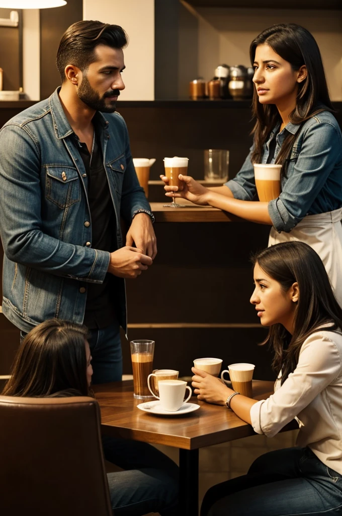 Generalmente chico hablando con una chica sobre la tristeza afuera de un cafe