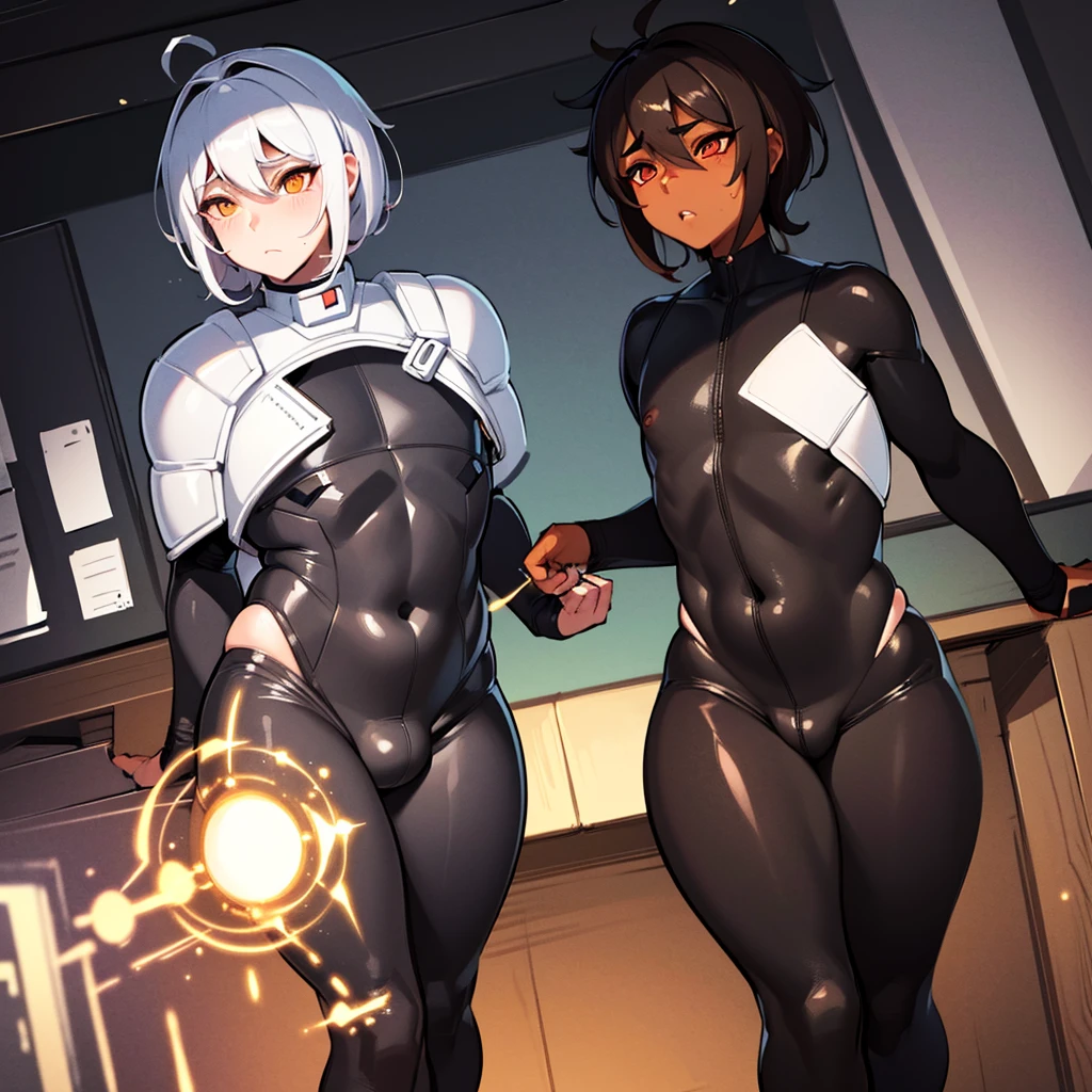 (masterpiece), (best quality), (high res) 2boys, (perfect anatomy) (perfect face) anime boy, (crossdresser), medium dark brown hair, red eyes, brown skin, wide hips, narrow waist and thick thighs, flustered, brushing, standing in space, flat chest, (full body suit), (visible bulge), (skin tight space green quantum space suit) man, strong, fair skin, black hair, white eyes, (marked muscles) in outer space, (gay sex)