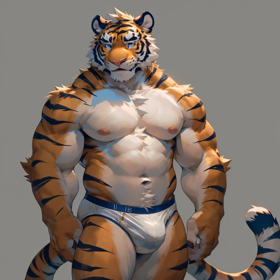 Solo, male, medium muscular, tiger, orange tiger, in white speedo, white underwear, shirtless, ((focus body, furry focus, focus underwear)) tail, one tail, tiger tail (((gray background, gray wallpaper, one color))), by darkgem, by mystikfox61, by glitter trap boy