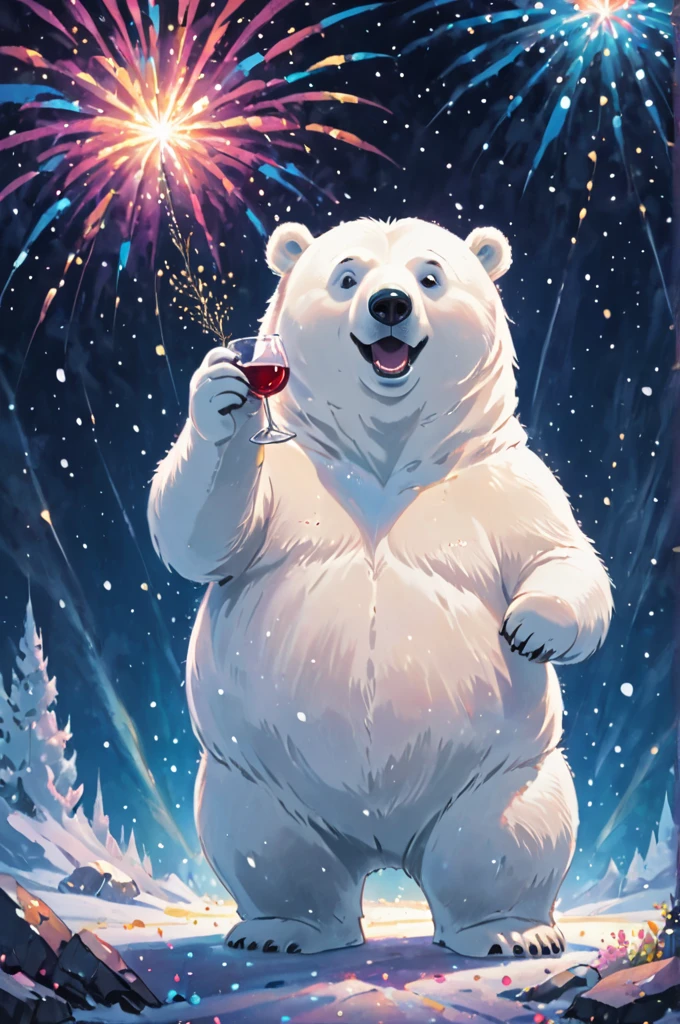 Cosmic Canvas,perfection, clean, masterpiece, Professional artwork, Famous works of art, A picture of a cute fat polar bear character, (Fireworks Background),  I have a wine glass