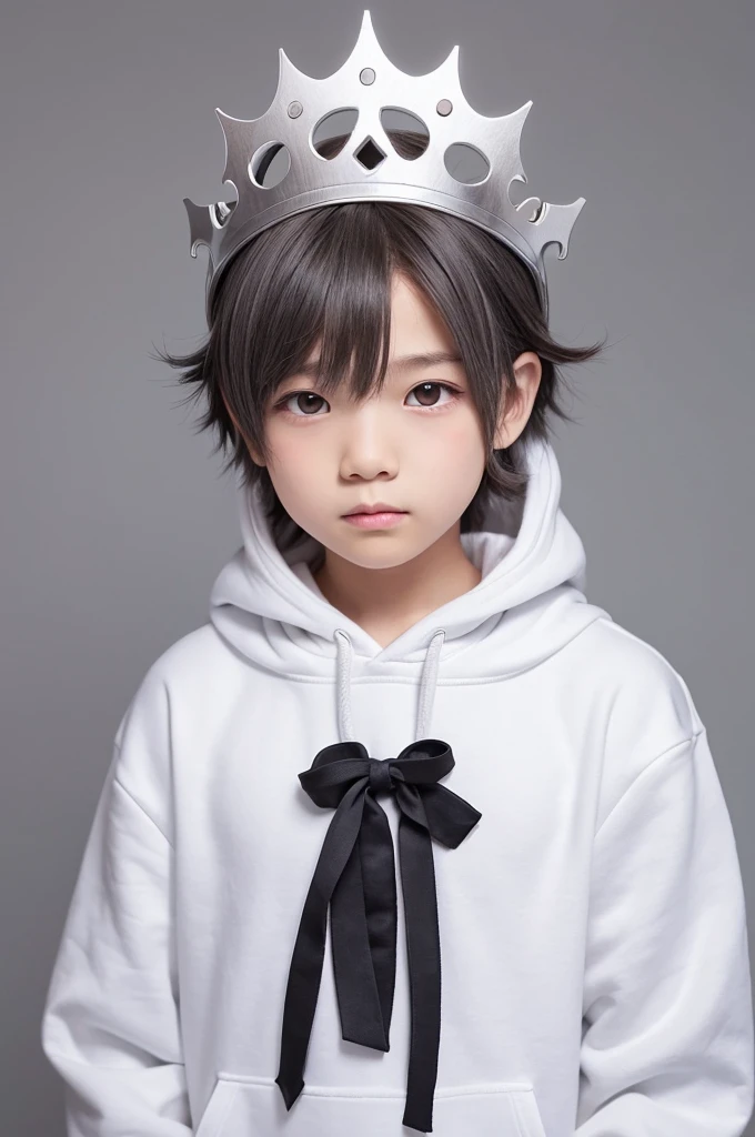 Boy, cute, anime style, gray background, wearing a crown, wearing a white hoodie, illustration, chibi