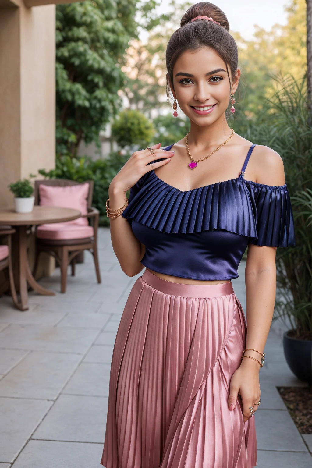 Half-length glamour portrait, nikon D850, f1.6 lens, 200mm, DSLR, 22 Megapixels, (((Quiet patio scene))), shot of a stunning 20 years old portuguese girl, (smile:1.4), (wearing midnight blue pleated skirt set with amaranth pink satin top :1.6), ((seductive pose)), hot girl, (((big natural breasts))), (((brown ponytail hair))), (small girl), symmetrical face, photorealistic, photography, (bright natural lighting), gorgeous, deep cleavage, (masterpiece), best quality, high resolution, extremely detailed, cinematic lighting, (((very narrow waist))), rich colors, hyper realistic, lifelike texture, ((jewelry)), (((She has beautiful hands and wears rings))), (bracelet), (necklace), (ankle chain), (nail polish) (earrings), Fuji Superia 200, 8k