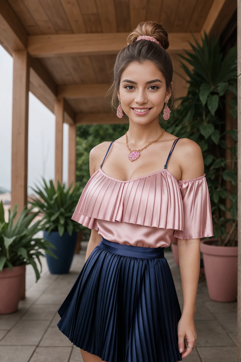 Half-length glamour portrait, nikon D850, f1.6 lens, 200mm, DSLR, 22 Megapixels, (((Quiet patio scene))), shot of a stunning 20 years old portuguese girl, (smile:1.4), (wearing midnight blue pleated skirt set with amaranth pink satin top :1.6), ((seductive pose)), hot girl, (((big natural breasts))), (((brown ponytail hair))), (small girl), symmetrical face, photorealistic, photography, (bright natural lighting), gorgeous, deep cleavage, (masterpiece), best quality, high resolution, extremely detailed, cinematic lighting, (((very narrow waist))), rich colors, hyper realistic, lifelike texture, ((jewelry)), (((She has beautiful hands and wears rings))), (bracelet), (necklace), (ankle chain), (nail polish) (earrings), Fuji Superia 200, 8k