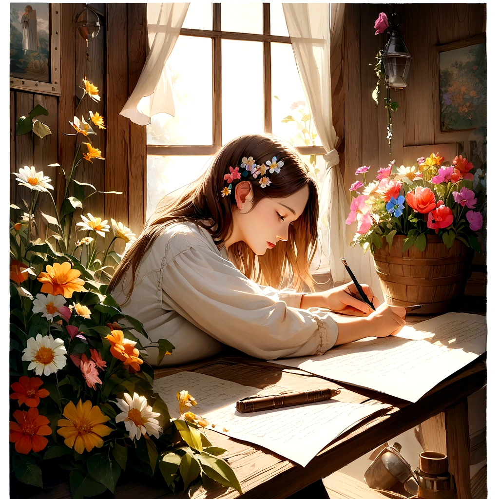 "Woman on retro cabin style wooden boat,There is a flower in the hair, Captures scenes with exquisite detail in good light. The image is realistic,Artistic, Similar masterpieces. Woman is writing, Use a clean white background for the background, Reminiscent of sticker design."Surrounded by flowers,Bright flowers