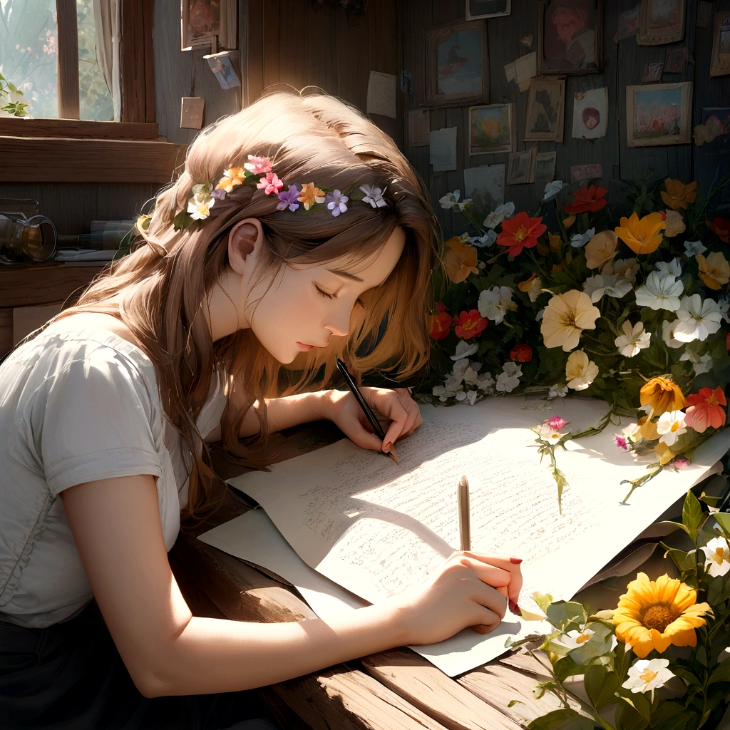 "Woman on retro cabin style wooden boat,There is a flower in the hair, Captures scenes with exquisite detail in good light. The image is realistic,Artistic, Similar masterpieces. Woman is writing, Use a clean white background for the background, Reminiscent of sticker design."Surrounded by flowers,Bright flowers