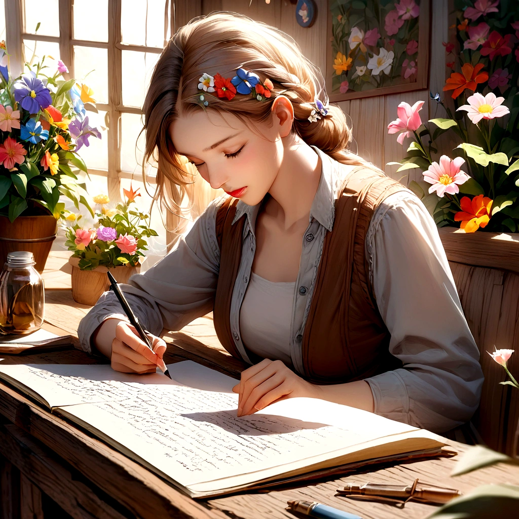 "Woman on retro cabin style wooden boat,There is a flower in the hair, Captures scenes with exquisite detail in good light. The image is realistic,Artistic, Similar masterpieces. Woman is writing, Use a clean white background for the background, Reminiscent of sticker design."Surrounded by flowers,Bright flowers