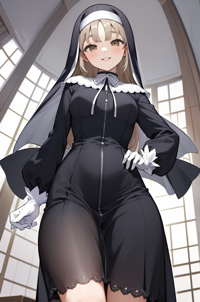 masterpiece, best quality, highres, aasister, long hair, nun, habit, white capelet, neck ribbon, (lace black short dress,see through:1.2), long sleeves, white gloves, full-length zipper, church, indoors, standing,,,looking viewer,smile,(((from below,nsfw)))