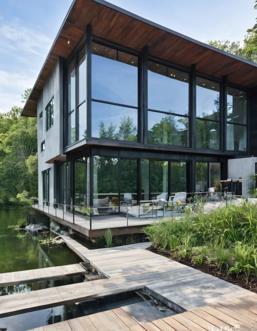 Imagine a contemporary home, where steel, wood and light gray concrete harmonize perfectly. Brise-brise style windows, allowing natural light to dance through the space while maintaining privacy. From the spacious deck, the view opens up to a large, serene lake, reflecting the blue sky and surrounding trees. It's a spring afternoon, the gentle breeze carries the scent of flowers and the peaceful sound of water. The space is welcoming and relaxing, ideal for enjoying a good book or a coffee, in complete harmony with nature. Photography, Hyperrealism style