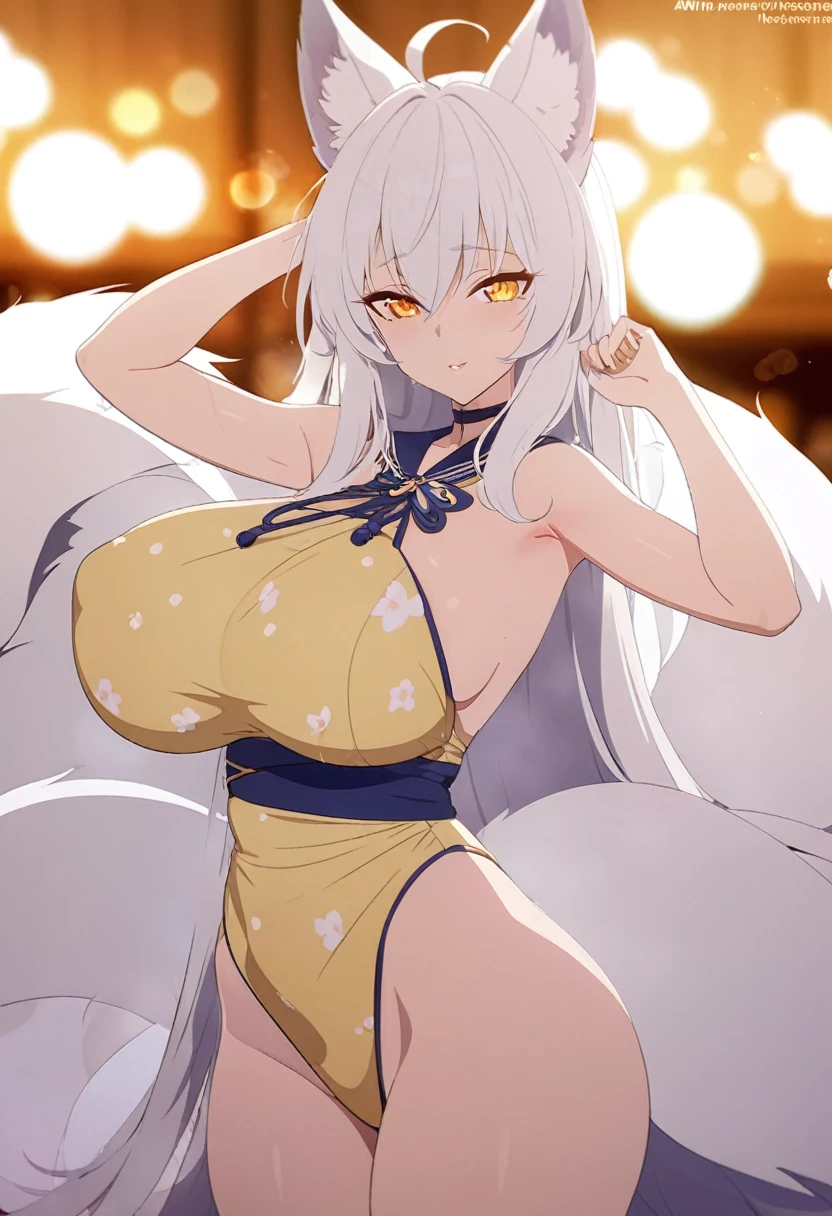 1girl, beautiful white kitsune, long white kitsune ears, multiple white kitsune tails, blue and yellow pijama 8k, anime style, yellow eyes, big breasts, extremely detailed eyes and face, 4k, high quality, vibrant colors, long white hair, wide waist, wide hips, sexy pose, masterpiece,extreme detail description,professional,vivid colors,bokeh