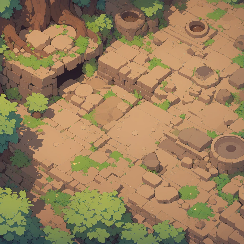 retro video game style,pixelated graphics,vibrant colors,8-bit characters,blocky shapes,sharp lines,detailed shading,classic gaming vibe,nostalgic atmosphere,classic arcade games,masterpiece:1.2,ultra-detailed,illustration style, 2d texture, clay texture, stone texture, 4 k seamless mud texture, video game texture, dirt texture, clay material, flat texture, grass, trees, rock texture, rocky ground, forest, topdown view, game texture, game art, ground very detailed, dirt, floor texture, tileable texture, flowers, bushes, shrubs, intricate ground stone, top down view, 3/4th perspective