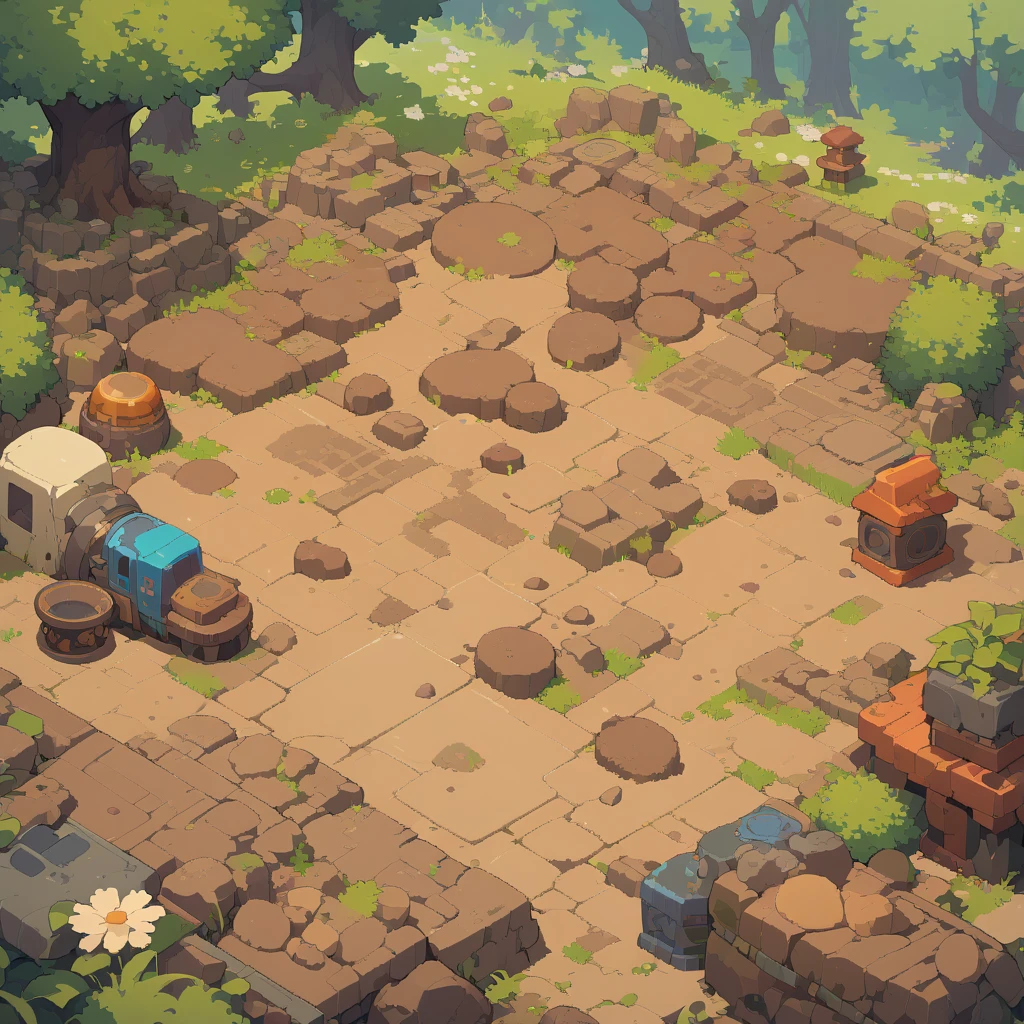 retro video game style,pixelated graphics,vibrant colors,8-bit characters,blocky shapes,sharp lines,detailed shading,classic gaming vibe,nostalgic atmosphere,classic arcade games,masterpiece:1.2,ultra-detailed,illustration style, 2d texture, clay texture, stone texture, 4 k seamless mud texture, video game texture, dirt texture, clay material, flat texture, grass, trees, rock texture, rocky ground, forest, topdown view, game texture, game art, ground very detailed, dirt, floor texture, tileable texture, flowers, bushes, shrubs, intricate ground stone, top down view, 3/4th perspective