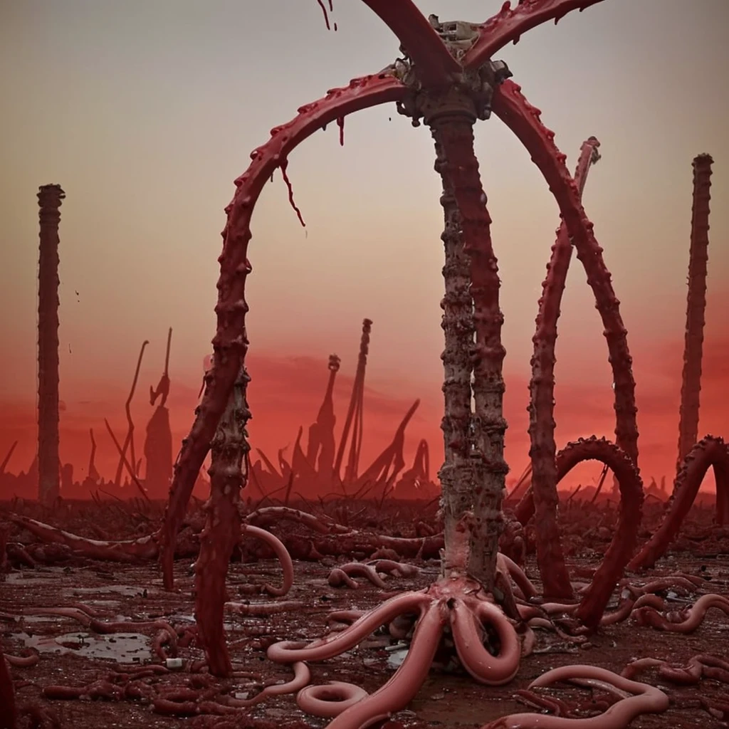 In the blood-red sky，Countless tentacles composed of various organs dance in the air，The ground is a ruined city，And countless humans soaked in blood are attacking each other，Tear and bite，Gnawing，Countless limbs were pierced by spears，Hanging，A large number of discarded organs were scattered on the ground