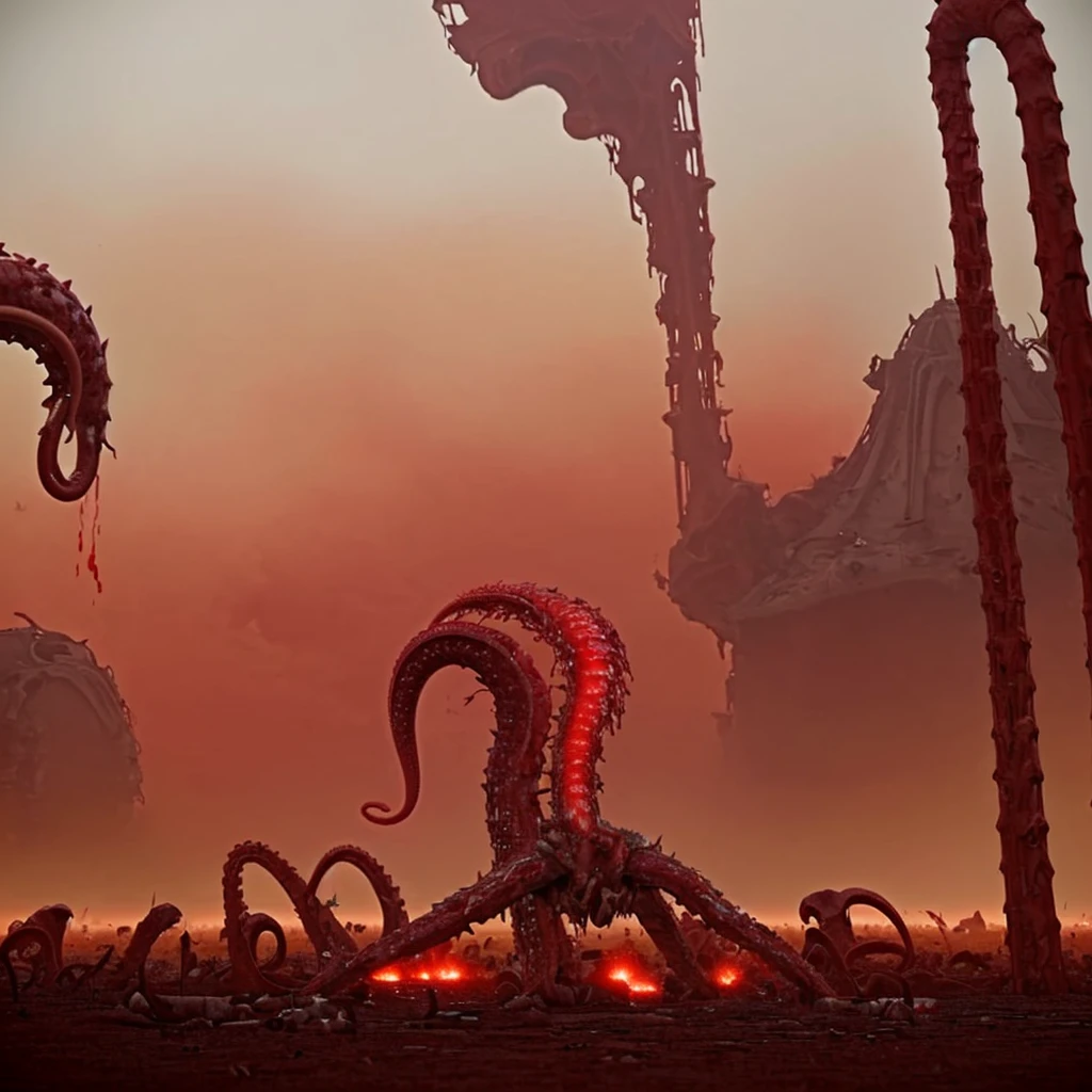 In the blood-red sky,Countless tentacles composed of various organs dance in the air,The ground is a ruined city,And countless humans soaked in blood are attacking each other,Tear and bite,Gnawing,Countless limbs were pierced by spears,Hanging,A large number of discarded organs were scattered on the ground