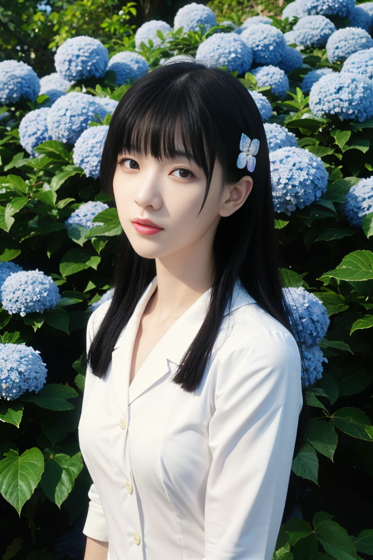 best quality, tmasterpiece,Ultra-high resolution,Clear face,(Reality:1.4),ferpect lighting,(upper body shot), (photorealistic:1.50), anime wallpaper, Guviz style artwork, cover-up fantasy up to magic , by Yang J, Guviz, beautiful artwork illustration, beautiful digital artwork, beautiful digital illustration, Li Song, beautiful anime portrait, art style in Beauvot, 1girl, solo, red eyes, hair flower, (serafuku:1.5), (school uniform), hydrangea, garden, from above, standing,