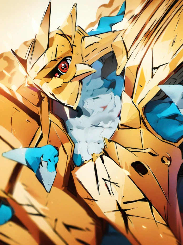 solo,Magnamon,tall, blue and white skin,(battle damaged:1.5),(topless Magnamon:2),(armor fragments:1.5),(shirtless:1.5), fighting_stance, in desert ,full_shot