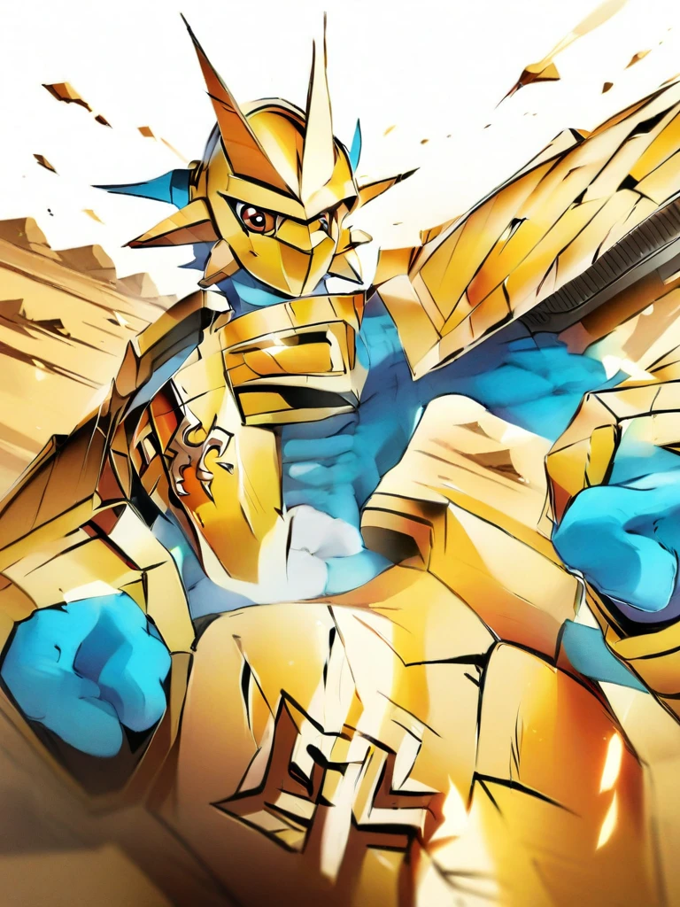solo,Magnamon,tall, blue and white skin,(battle damaged:1.5),(topless Magnamon:2),(armor fragments:1.5),(shirtless:1.5), fighting_stance, in desert ,full_shot
