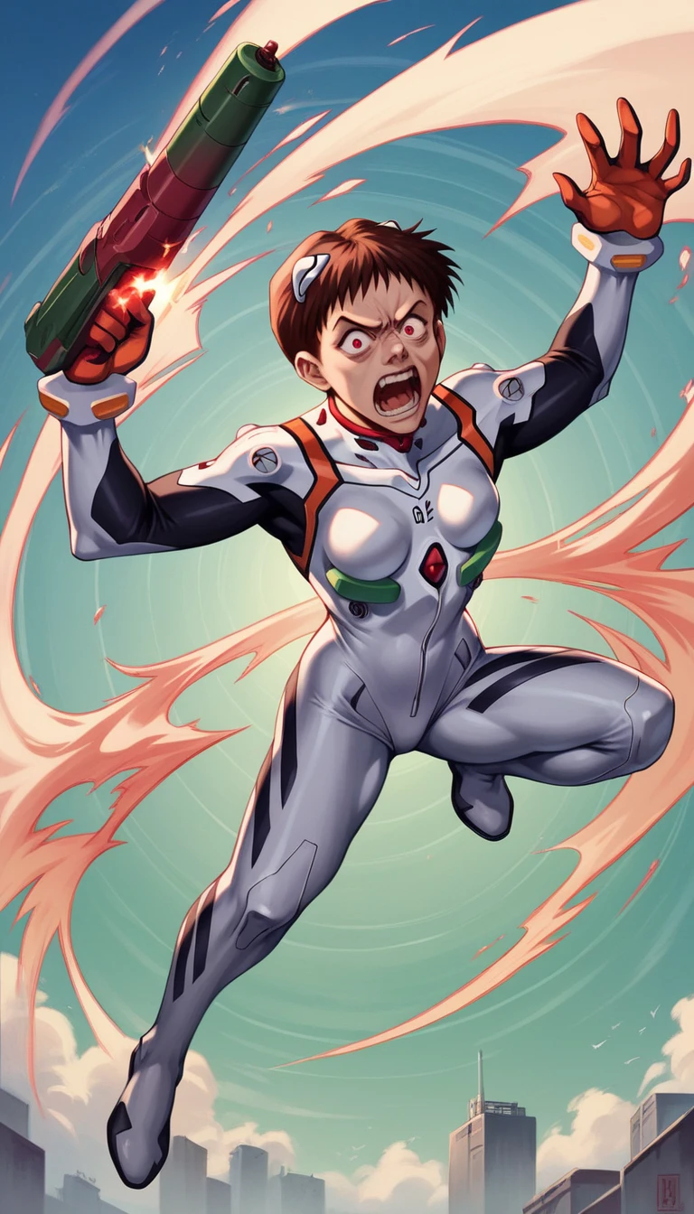 『Neon Genesis EVANGELION』Apostle Sachiel, Realistic depiction, White humanoid body, Cross-shaped face, Red eyes on face and chest, Big Hands, Firing an energy gun, High durability, Regenerative capacity, shock wave, High jumping ability, Jun sensitivity, Urban Background, Emphasize the sense of intimidation