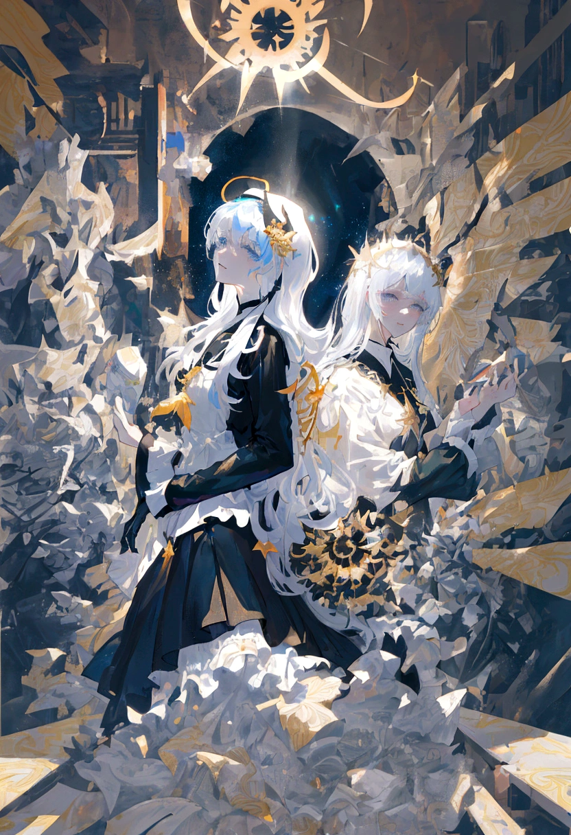 korean actress with white hair, bangs, blue eyes, in a dress of a nun, black and white habit, nun armor outfit, gold ornament outfit, gold head accessory, detailed face, thin smile, detailed skin, side view, background cathedral, full body view, side model posing, cover, unzoom, choker, hyperdetailed painting, luminism, Bar lighting, complex, 4k resolution concept art portrait by Greg Rutkowski, Artgerm, WLOP, Alphonse Mucha, little fusion pojatti realistic goth, fractal isometrics details bioluminescens : a stunning realistic photograph 30 years, sun beam, sunkiss, sun glare,