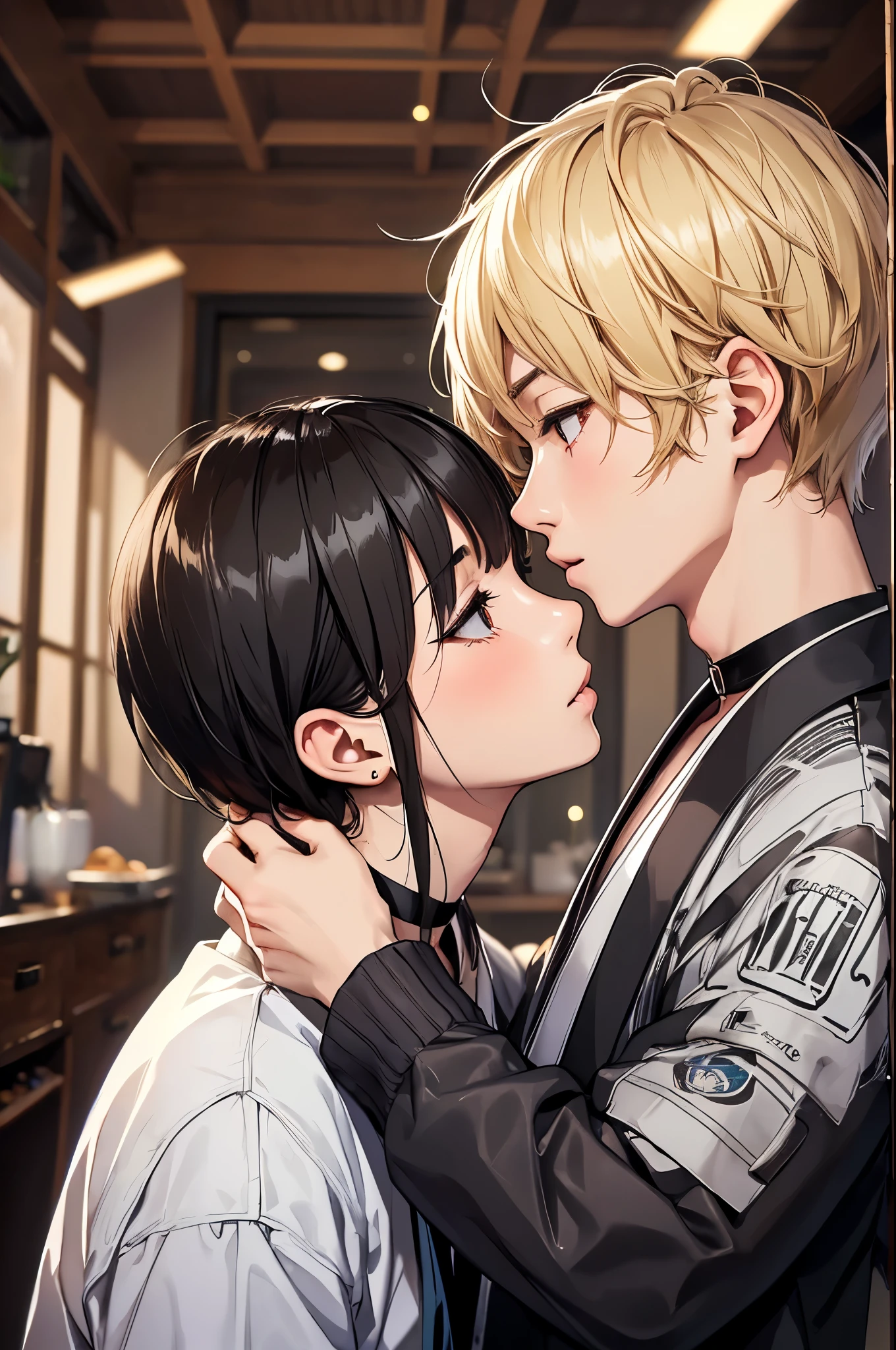 (Highest quality, Super detailed, Indoor Scene, High resolution, masterpiece:1.2), Portraiture, Detailed faces and features, Japanese Boy’s couple 1.8, ((One Japanese boy:Blonde Short Hair)), ((One Japanese boy:Black short hair 1.8)),((boy's Kissing scene 1.8)),Girly boy, Tomboy, Girly boy, trap, Natural Makeup, ((Kissing scene 1.8)), Black Choker,,Boy's face, Are crying, Blushing, Casual Dresses, Vibrant colors, Soft lighting