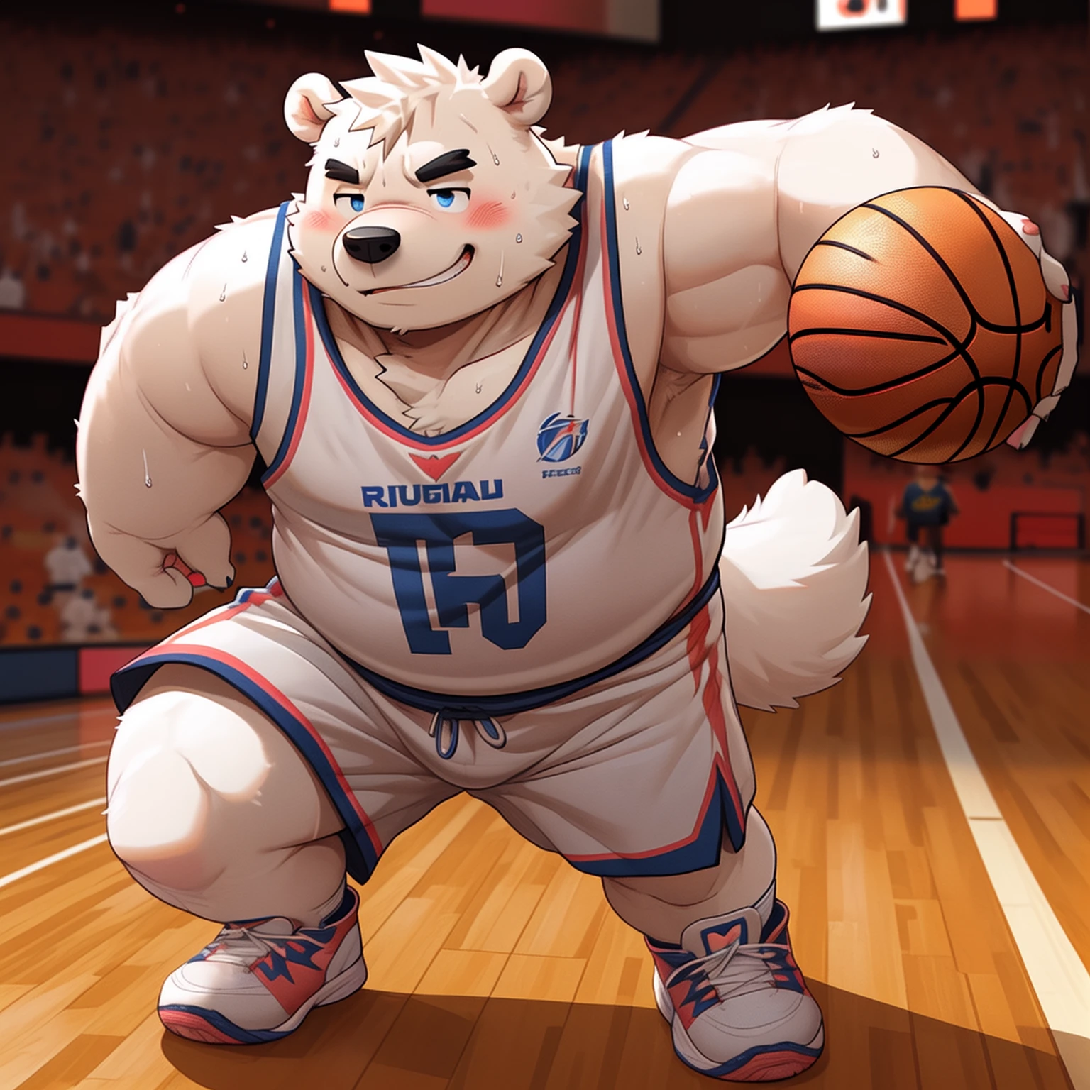 New Jersey 5 Furry,polar bear,(basketball court),(play basketball),((sunshine)),Masterpiece,Highest image quality,Chubby,Fat,Thick arms,Rugged muscles,(((White plush fur))),Solitary,Chubbyè¸,((Black eyebrows)),Sky blue eyes,((ahoge)),solitary,(sweat),(smirk:1.2),((Hip bulge)),blush,((correct pink paw)),basketball clothes,basketball pants,basketball shoes,the audience behind