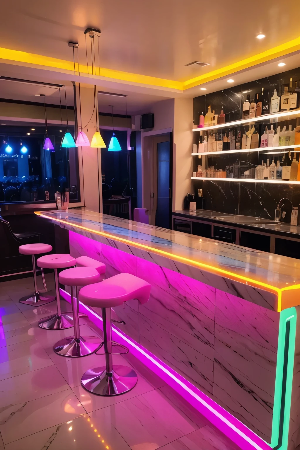 Una barra de un bar hecha de marmol blanco con tiras led de color rosa y morado neon Y que solo haya luz obscura
con un letrero en color amarillo neon que diga let it be free