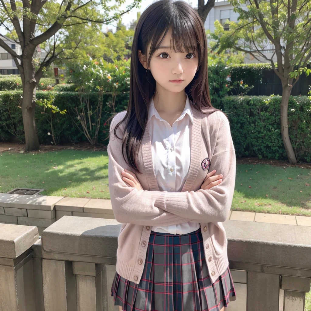 One Junior High School Girl Hair color is Pink-black , Pink hair, Thin legs Angry face Surprisingly small Crossed arms, Girls' School Uniform(White shirt and grey knit cardigan Grey Check Long Skirt)