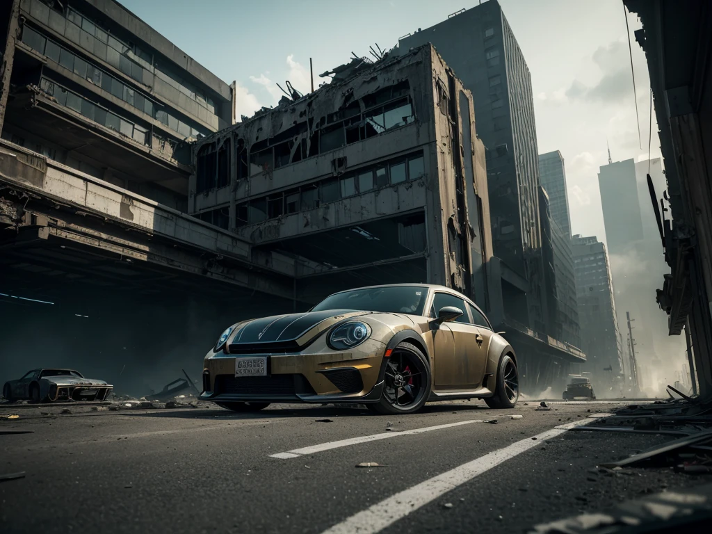 (Best quality,4k,A high resolution,masterpiece:1.2),racing muscle car "new beetle",ruin,Science fiction,futuristic, Cinematic lighting, chiaroscuro,ray tracing,very detailed, high quality, Mirai, color contrast, atmospheric, dystopian, urban, bright colors, Broken glass, dramatic shadows, Crumbling buildings, futuristic technology, Dynamic composition, Blur, urban decay, Dynamic perspective, exciting atmosphere, post-apocalyptic, abandoned, reflections, capricious, intensive, a secret, Advanced design, Smooth lines, Powerful engine, speed, Danger, adrenaline rush