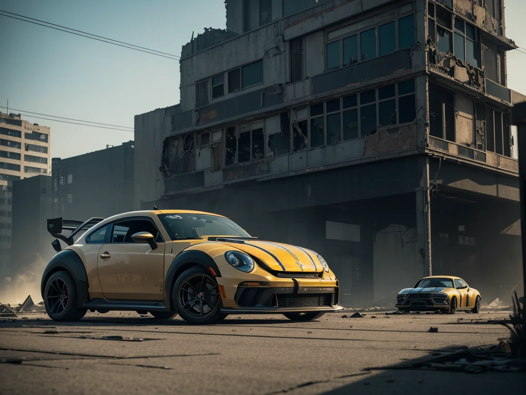 (Best quality,4k,A high resolution,masterpiece:1.2),racing muscle car "new beetle",ruin,Science fiction,futuristic, Cinematic lighting, chiaroscuro,ray tracing,very detailed, high quality, Mirai, color contrast, atmospheric, dystopian, urban, bright colors, Broken glass, dramatic shadows, Crumbling buildings, futuristic technology, Dynamic composition, Blur, urban decay, Dynamic perspective, exciting atmosphere, post-apocalyptic, abandoned, reflections, capricious, intensive, a secret, Advanced design, Smooth lines, Powerful engine, speed, Danger, adrenaline rush