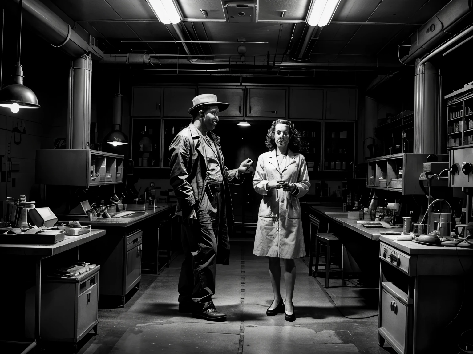 1940s black and white movie scene, classic scifi laboratory, mad scientist and alien helper