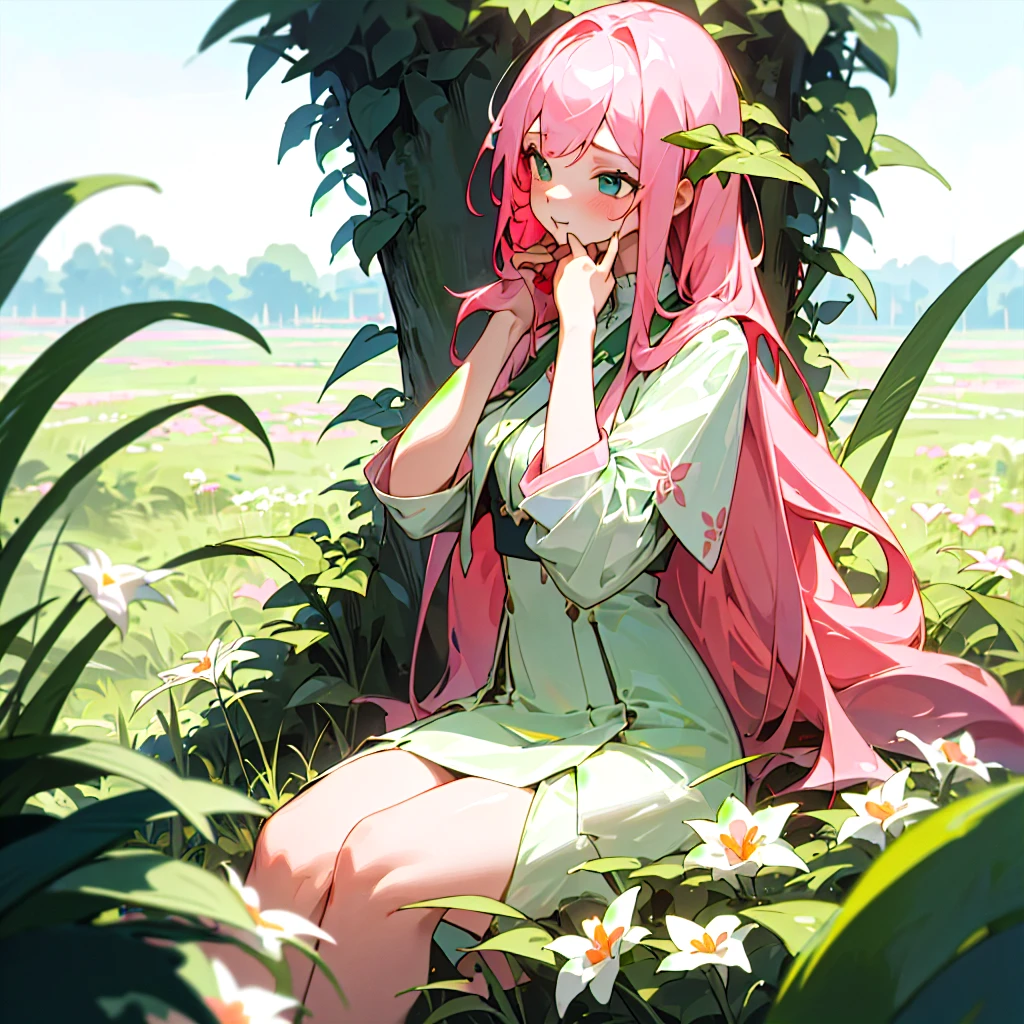 (masterpiece, best quality),candid view irresistable girl with long pink hair sitting in a field of green plants and flowers, her hand holding her skirt, volumetric lighting effwct white sexy outfit blurry foreground