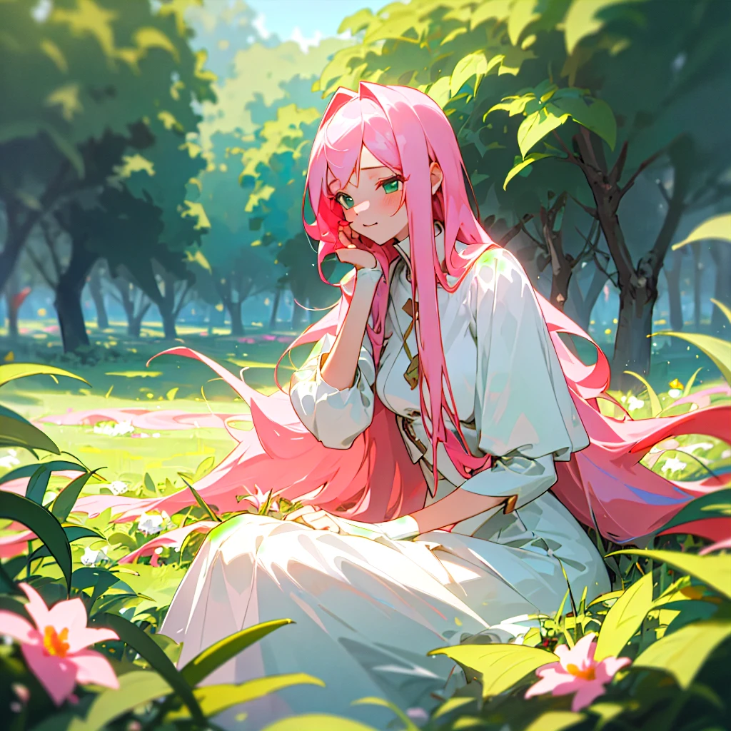 (masterpiece, best quality),candid view irresistable girl with long pink hair sitting in a field of green plants and flowers, her hand holding her skirt, volumetric lighting effwct white sexy outfit blurry foreground