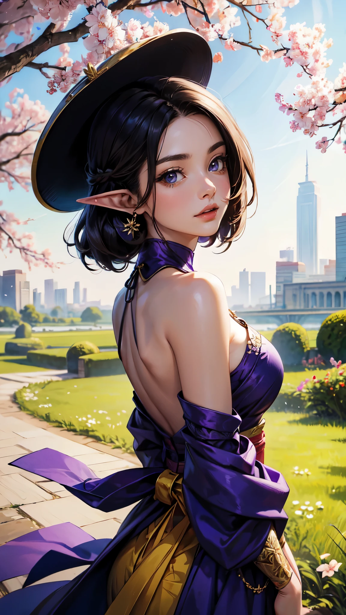 (masterpaintingelhor Quoridade),Riverside,There are many tall buildings across the river,profundidade de campo,perfect lighting,light particleelhor Quoridade),(masterpaintings),(hiper detalhado),sharp focus,light particles,a beautiful Chinese woman standing in a cherry blossom field with a sun hat and wearing purple halter dress, longos cabelos castanhos ondulados, wearing sunglasses, alto e magro, Beautiful, sorriso sutil, Olhando_em_espreitando o espectador,sorrir,sozinho,open sky_Clothes,Arms back,standingn, e de corpo inteiro,Japanese style costume,raio de sol,The tree,De boca aberta,Arms back,cabelos azuis,orelhas brancas,purples eyes, elf woman, detailed hands, detailed eyes, detailed face