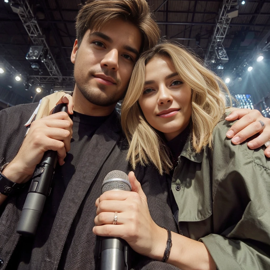 A low angle selfie image of a medium-layers blonde woman hugs his husband. they holding a microphone and a guitar. they wear an oversized techno-wear and a blouse dress, and they has a determined expression, looking each other. smiles and laugh slightly. The background features a stage of live concert, 8k, ultra realistic, high def, dynamic gesture, cinematic, studio light, enhanced image, detailed features, cinema, indoors, realistic, photorealistic, 4k, high resolution, detailed textures, dramatic lighting, vibrant colors sdxl tubro -ideo x 2 - leo - bing, ultra realistic, high def, cinematic light, amid colorful lights and bokeh effects, photo realistic, cinematic, movie still, summer vibes, captured in the style of Sony Alpha A7 III camera --ar 2:3 --s 500 --v 6.0, perfect finger perfect eye,