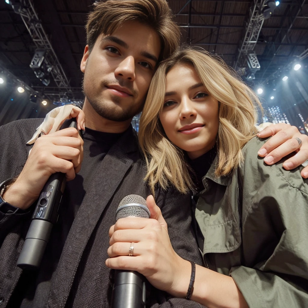 A low angle selfie image of a medium-layers blonde woman hugs his husband. they holding a microphone and a guitar. they wear an oversized techno-wear and a blouse dress, and they has a determined expression, looking each other. smiles and laugh slightly. The background features a stage of live concert, 8k, ultra realistic, high def, dynamic gesture, cinematic, studio light, enhanced image, detailed features, cinema, indoors, realistic, photorealistic, 4k, high resolution, detailed textures, dramatic lighting, vibrant colors sdxl tubro -ideo x 2 - leo - bing, ultra realistic, high def, cinematic light, amid colorful lights and bokeh effects, photo realistic, cinematic, movie still, summer vibes, captured in the style of Sony Alpha A7 III camera --ar 2:3 --s 500 --v 6.0, perfect finger perfect eye,