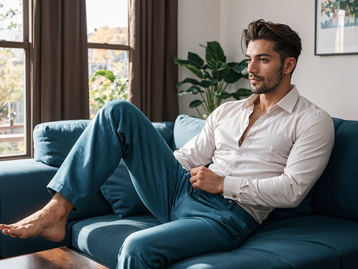 shot by Sony a7 IV Mirrorless Camera, natural light, analog film photo, Kodachrome , handsome men ,Long sleeve shirt and loose pants .sofa