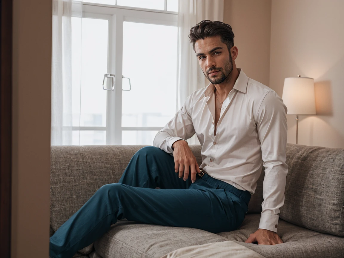 shot by Sony a7 IV Mirrorless Camera, natural light, analog film photo, Kodachrome , handsome men ,Long sleeve shirt and loose pants .sofa