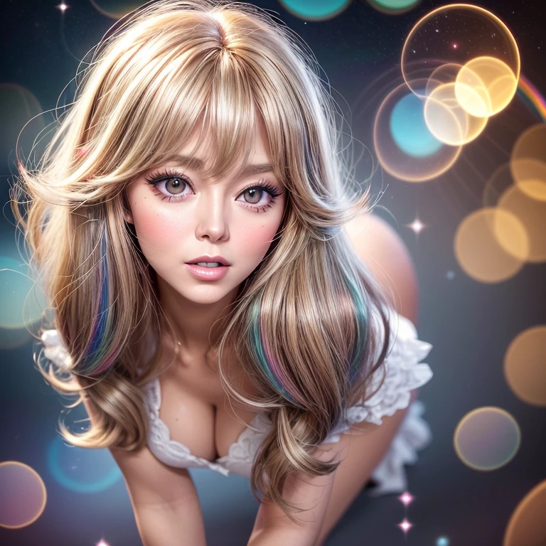 NSFW, 8k, High-level, absurd, masterpiece, best quality, primitive, very detailed CG, very detailed wallpaper, perfect lighting, Extremely detailed ((( personifying " Farrah Fawcett Majors " as a ))), MysticSight, Tyndall effect, Tyndall scattering, (Studio gray background with (Overflowing oodles Dazzling RainbowColorParticles (BokeH))), (RoundlyButts, ThighGap), (Exposed:0.4), (Assfocus with looking ahead) BREAK (Acutance:0.88), (NOGIZAKA face variations) Extremely Detailed very KAWAII face variations, perfect anatomy, Childish, CaptivatingGaze ElaboratePupils detailed Eyes with (sparkling highlights:1.28), (Voluminous LongEyelashes、GlossyRED Lips with beautiful details, RosyCheeks, Radiant PearlSkin with Transparency . { (Dynamic LifeLike expressions:1.4) | :d) }, (large eyes:-1) .