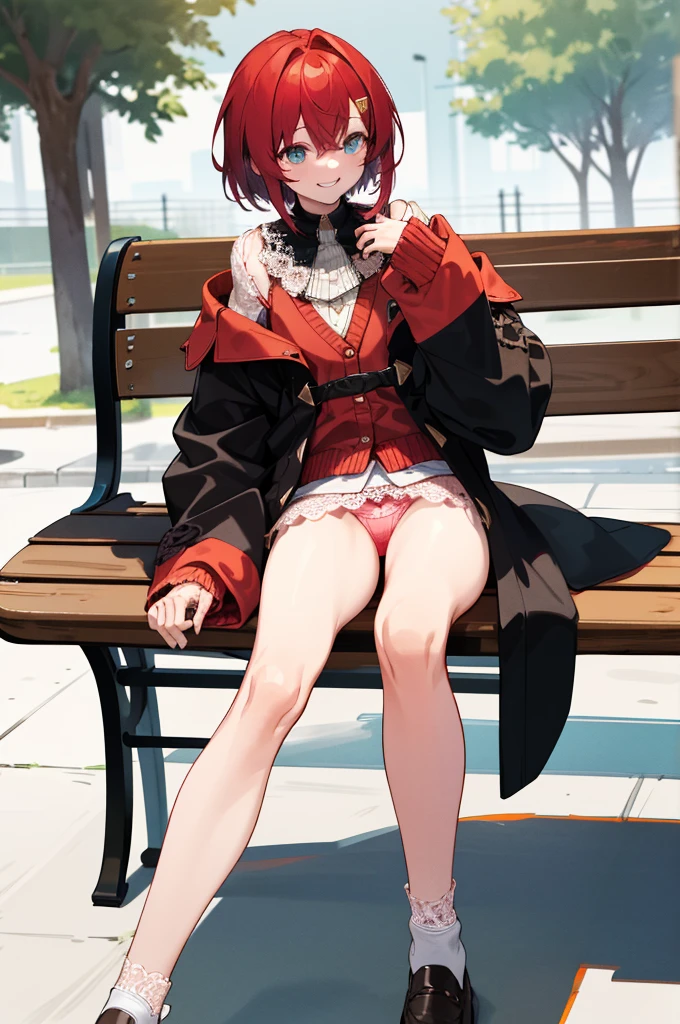 masterpiece, best quality, highres, aaange, short hair, hairclip, red cardigan, black coat, off shoulder, sleeves past wrists, open coat, white skirt, cowboy shot, sitting, crossed legs, bench, smile, outdoors,open legs,spread legs,(((lace panties)))