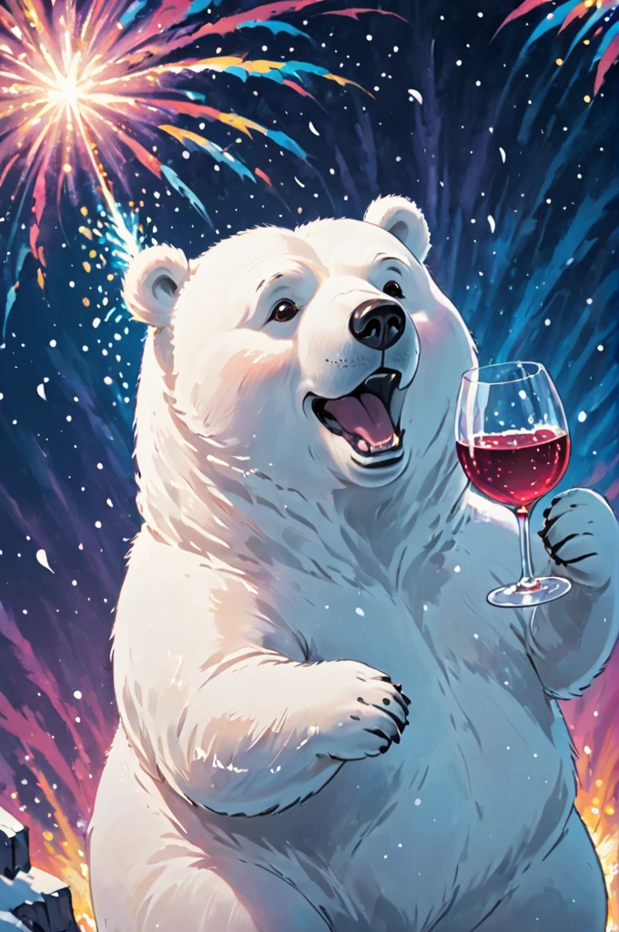 Cosmic Canvas,perfection, clean, masterpiece, Professional artwork, Famous works of art, A picture of a cute fat polar bear character, (Fireworks Background), I have a wine glass