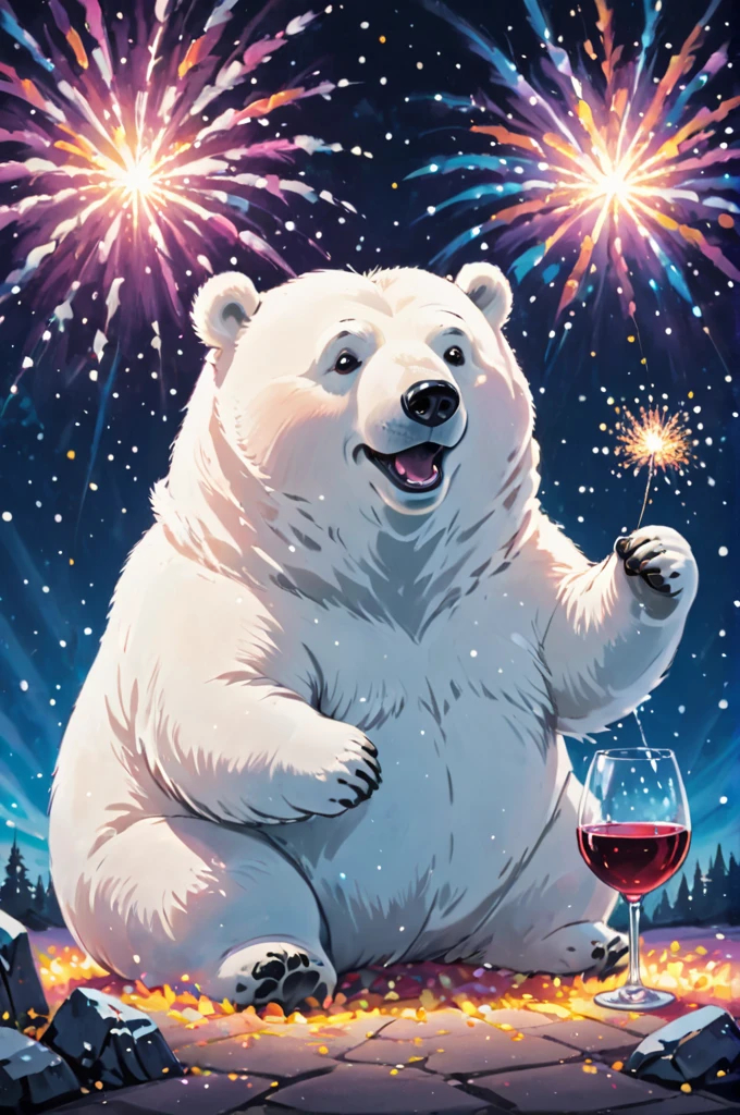 Cosmic Canvas,perfection, clean, masterpiece, Professional artwork, Famous works of art, A picture of a cute fat polar bear character, (Fireworks Background), I have a wine glass