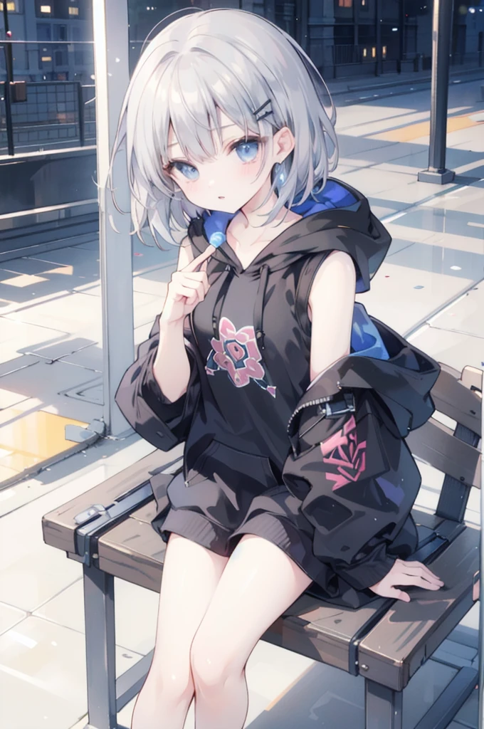 Highest quality、masterpiece、（One person）、Bright silver short bob hair、hoodie、looking at the camera、glint、hairpin
