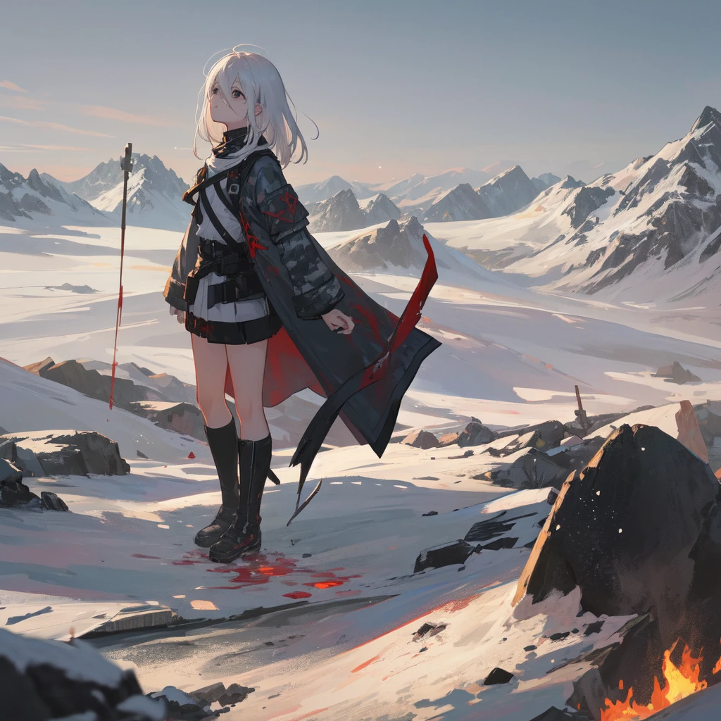 masterpiece:1.2), best quality , solo ,pixiv, anime girl ,long straight white hair , black eyes ,Wearing off-white camouflage uniform ,ten years old,battlefield,Standing in the snowy mountains,(Eyes looking into the distance:1.3),There is a flame burning beside you,(look away:1.5),snowy weather,The girl stands among the deserted snowy mountains,blood on forehead,dirty face,Background mixed with metal fragments:1.2,Backlight,Black lake in the background,Stand on a glacier,Bare rocky peaks , Scrap metal on the snow,raise arms,The expression is sad