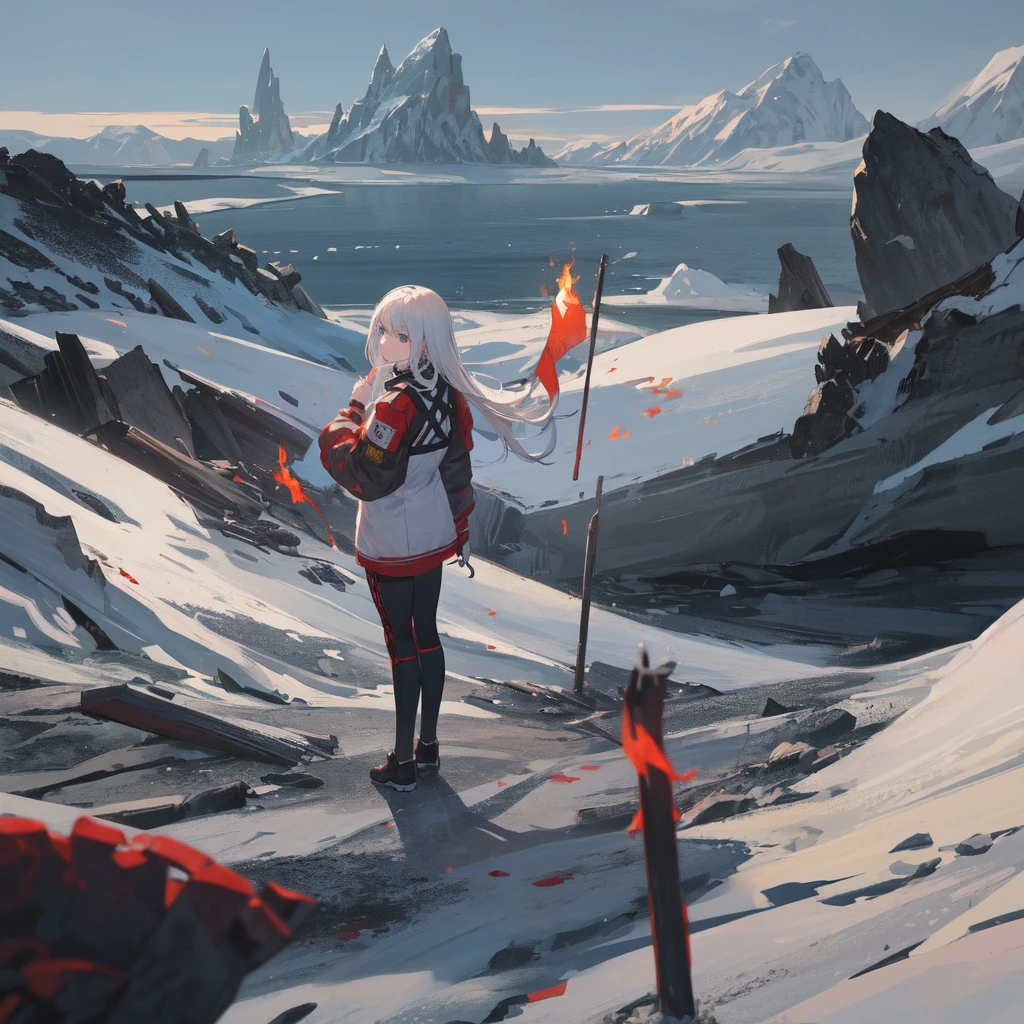 masterpiece:1.2), best quality , solo ,pixiv, anime girl ，long straight white hair , black eyes ,Wearing off-white camouflage uniform ,，battlefield，Standing in the snowy mountains，(Eyes looking into the distance:1.3)，There is a flame burning beside you，(look away:1.5)，snowy weather，The girl stands among the deserted snowy mountains，blood on forehead，dirty face，Background mixed with metal fragments:1.2，Backlight，Black lake in the background，Stand on a glacier，Bare rocky peaks , Scrap metal on the snow，raise arms，The expression is sad