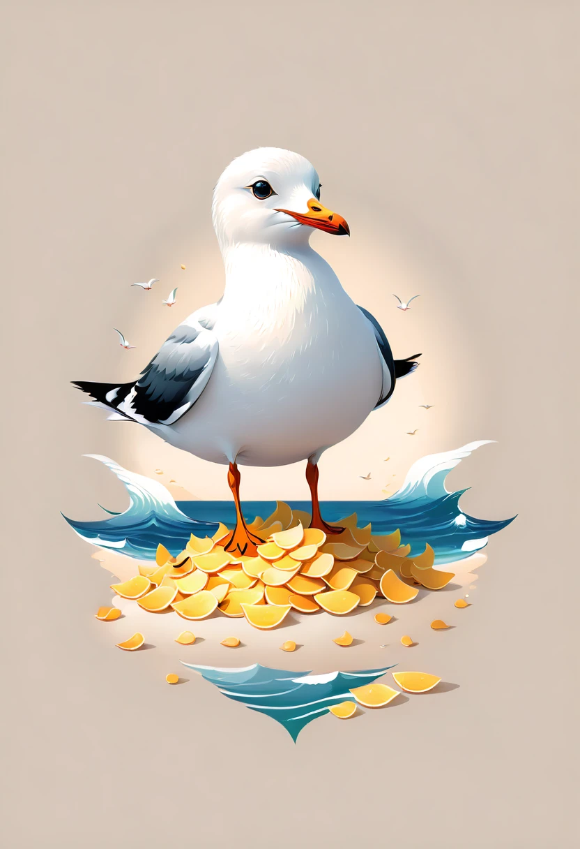 Vector artistic minimalist logo illustration cute white seagull,Feet with a bunch of chips vector art type, detailed, Beautiful artistic rendering in clean minimalist cartoon style