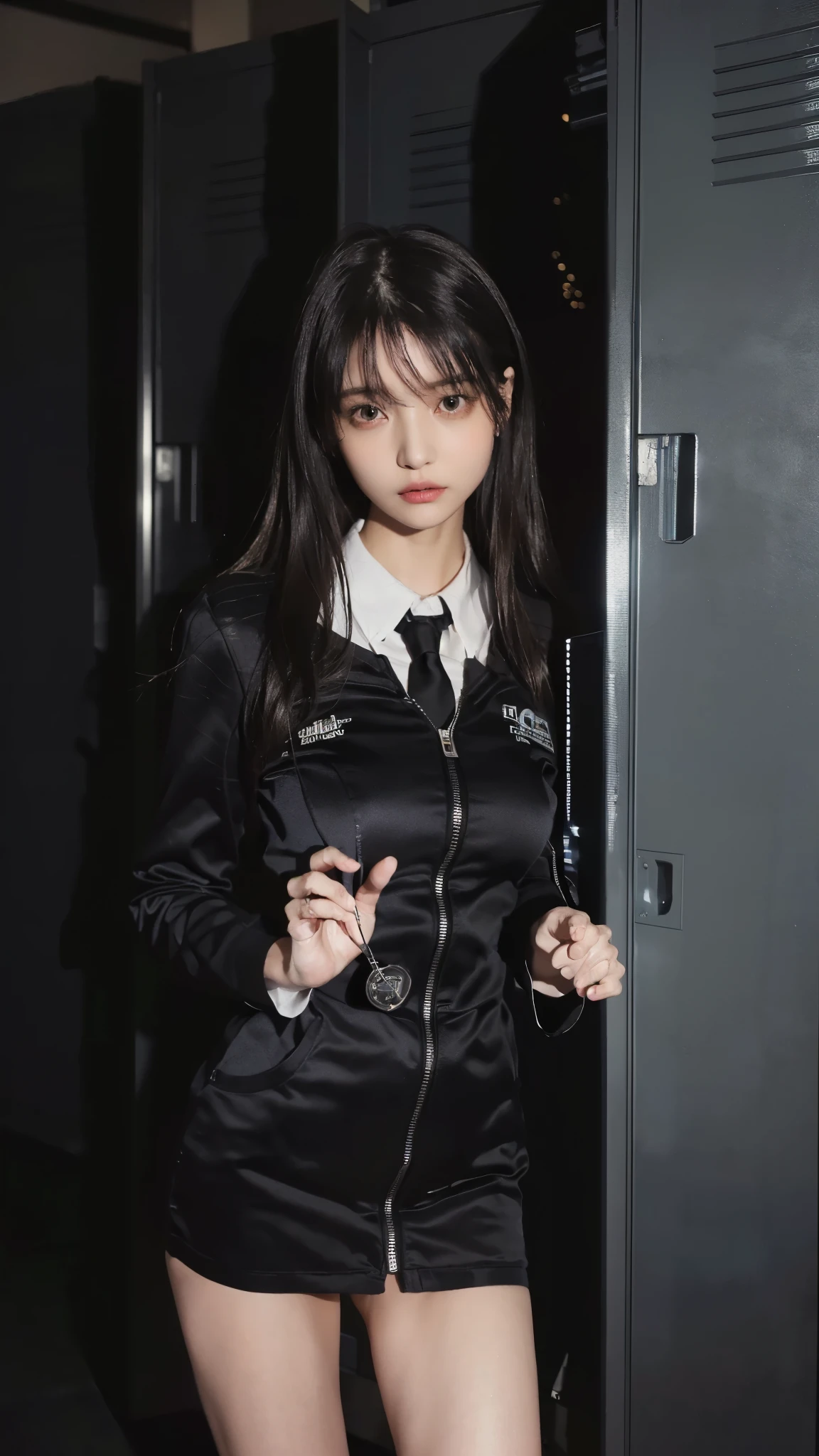 (masterpiece、highest quality、Highest quality),(night:1.8,Dark Room:1.6, Cinematic Lighting:1.5, Dark locker room:1.5),The perfect person、The perfect background、Perfect Fingerature girl、Gigantic、Slender body、Black high school girl uniform、Half-dressed、