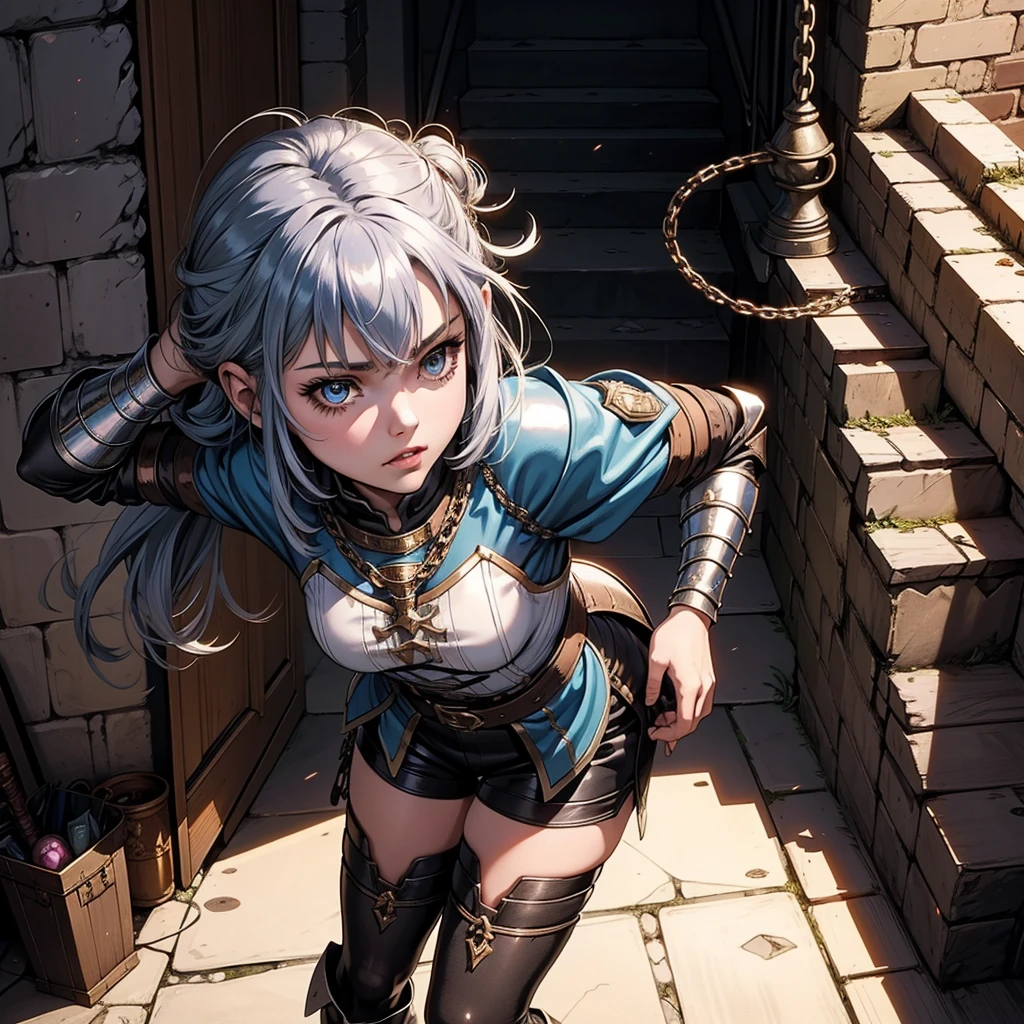 最high quality、high quality、Wearing chain mail、１０Year-old girl adventurer、Climb the dungeon stairs、Shorts and spats、Equipped with a dagger and a leather shield、Inside the dim labyrinth