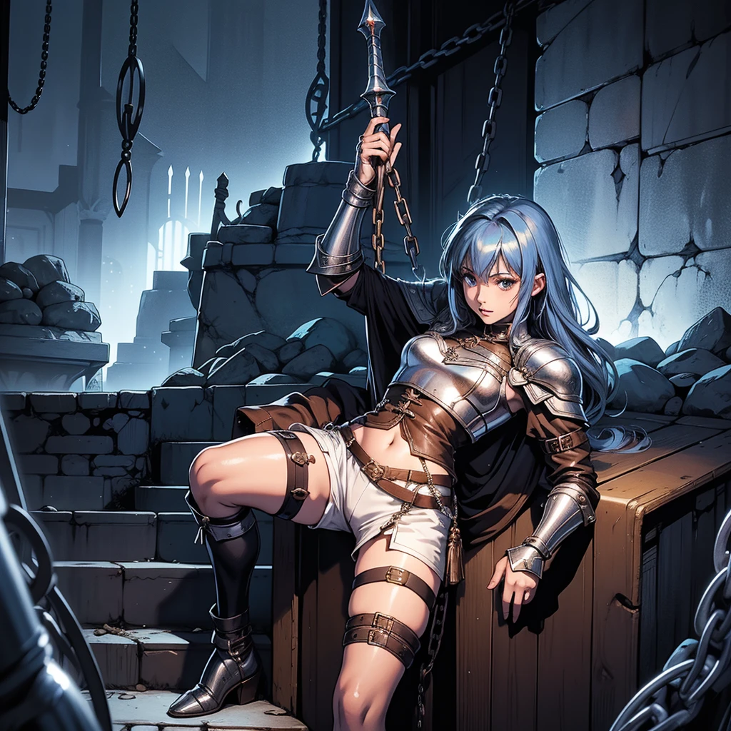 最high quality、high quality、Wearing chain mail、10Year-old girl adventurer、Climb the dungeon stairs、Shorts and spats、Equipped with a dagger and a leather shield、Inside the dim labyrinth